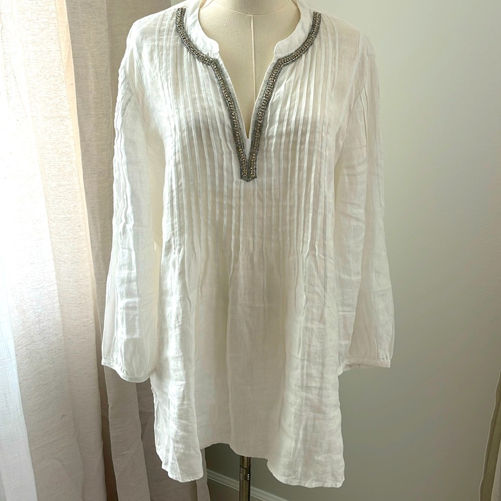 LINEN CHARTER CLUB XL top blouse white with bling EUC+
